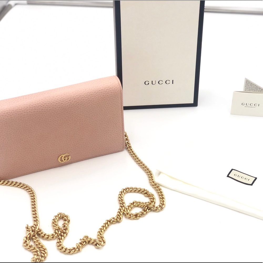 AUTH Gucci Marmont Chain Wallet. Rose beige leather.